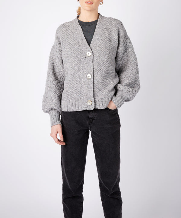 irelands eye Thistle Cable Knit Sleeves Cardigan Pearl Grey