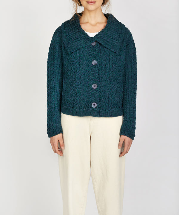irelands eye Willow Cropped Aran Cardigan Atlantic Blue