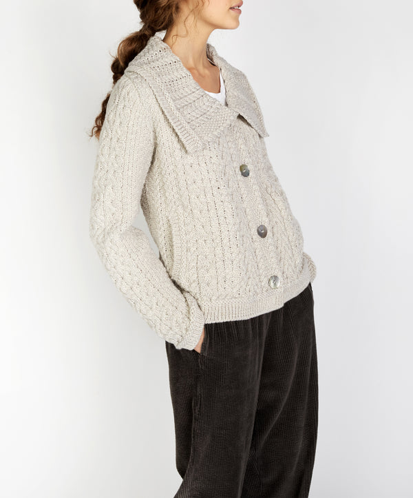 Irelands Eye Willow Cropped Aran Cardigan Silver Marl