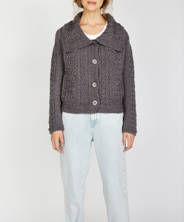 irelands eye Willow Cropped Aran Cardigan Steel Marl