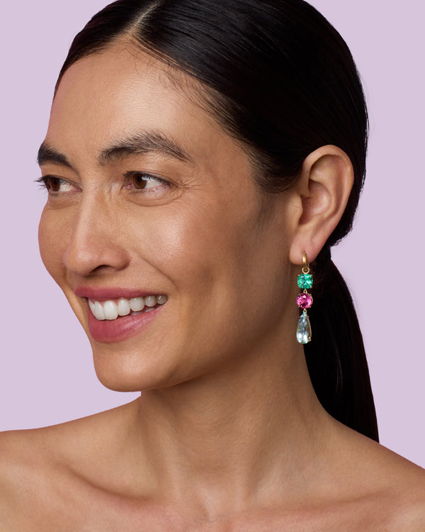 Irene Neuwirth One Of A Kind Gemmy Gem Triple Drop Link Jeweled Huggies 18k Yellow Gold