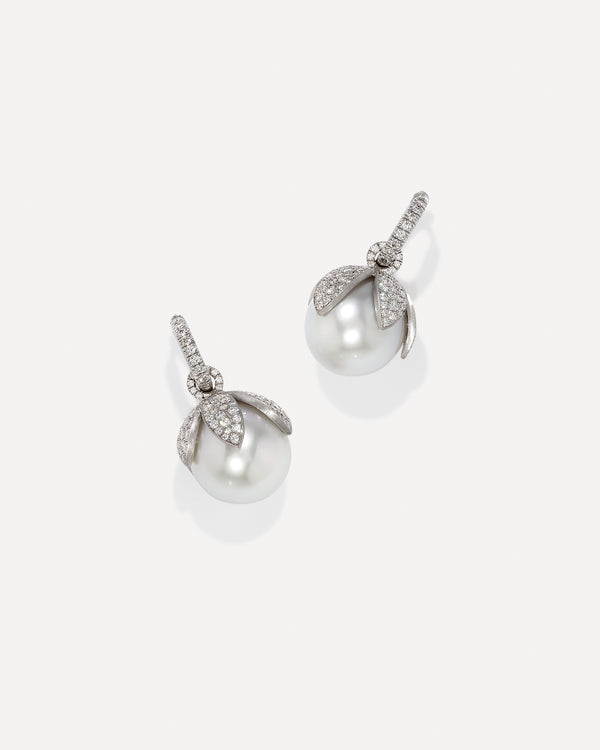 irene neuwirth One of a Kind Pavé Pearl Blossom Jeweled Huggies 18k White Gold