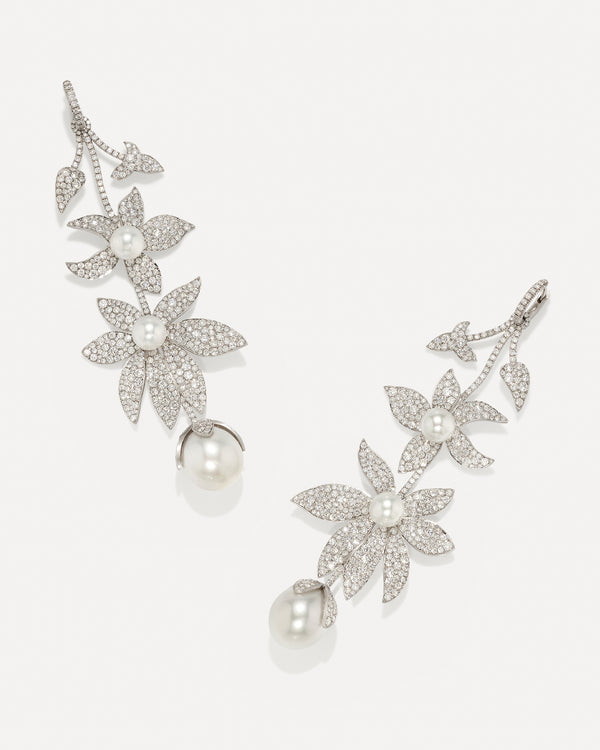 irene neuwirth One of a Kind Pavé Pearl Blossom Magical Huggies 18K white gold