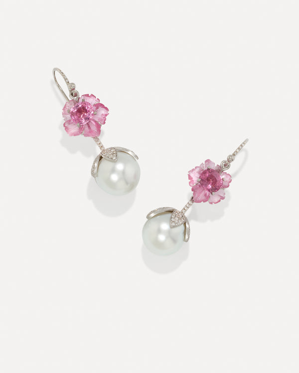 irene neuwirth One of a Kind Pearl Blossom Tropical Flower Drop Earrings 18k White Gold