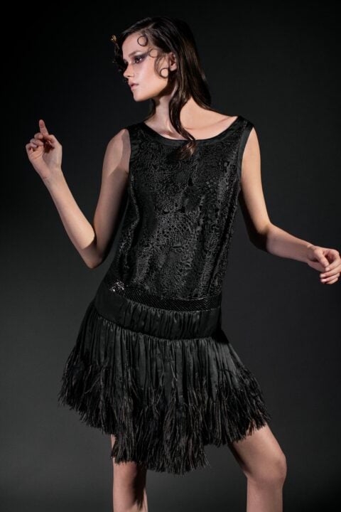 Irfé IRFE Black Ostrich Feathers Cocktail Gown