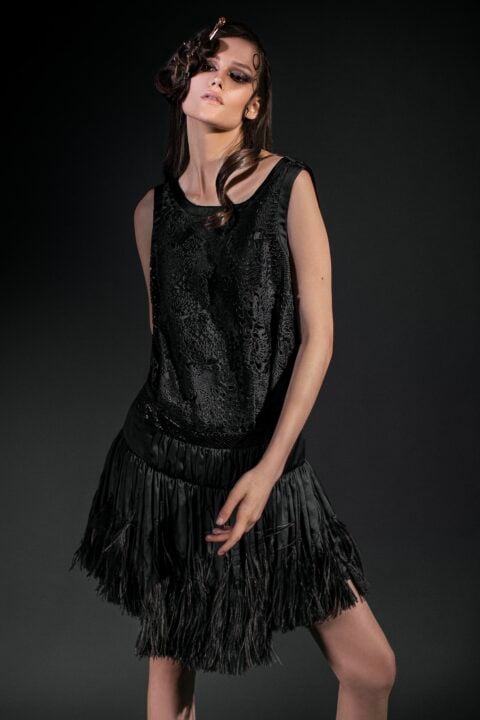 Irfé IRFE Black Ostrich Feathers Cocktail Gown