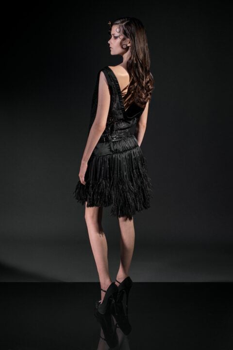 Irfé IRFE Black Ostrich Feathers Cocktail Gown