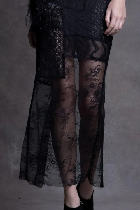 Irfé IRFE Black Patchwork Lace Evening Dress