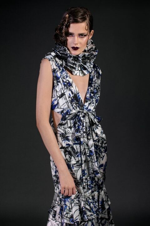 Irfé IRFE Blue Floral Cascading Evening Dress