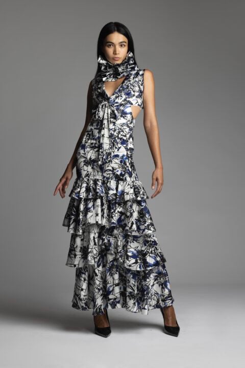 Irfé IRFE Blue Floral Cascading Evening Dress