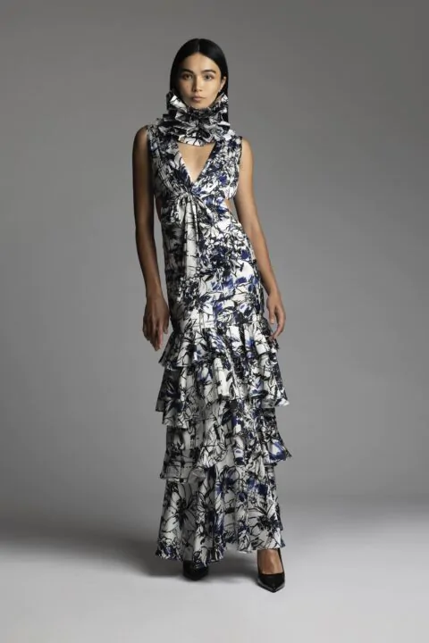 Irfé IRFE Blue Floral Cascading Evening Dress