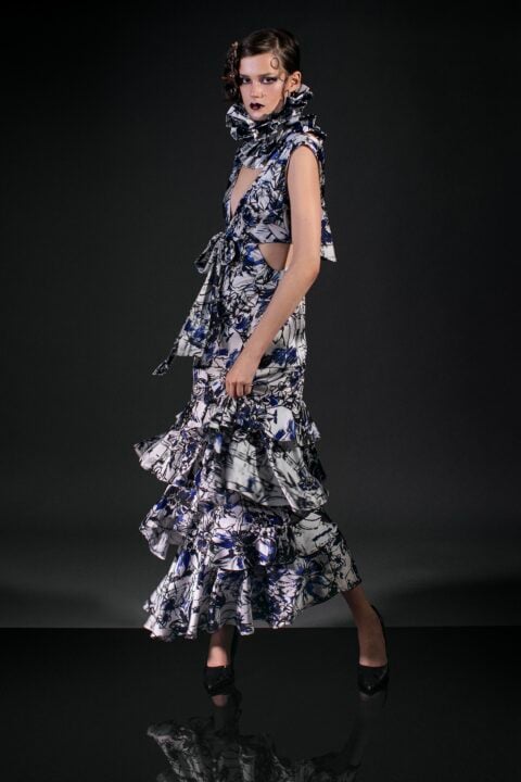 irfé IRFE Blue Floral Cascading Evening Dress
