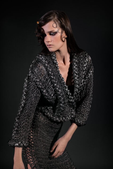 Irfé IRFE Grey Metallic Crochet Handmade Gown