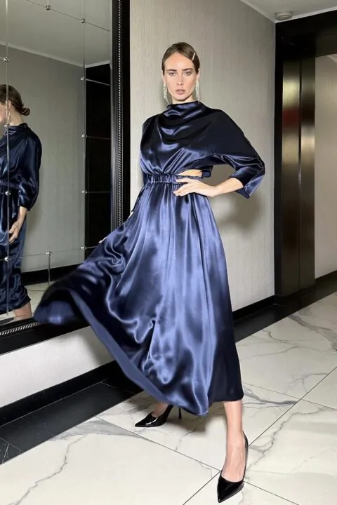 Irfé IRFE Navy Silk Evening Dress