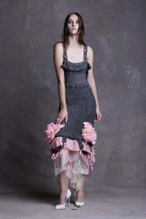 Irfé IRFE Pink Grey Crochet Handmade Dress