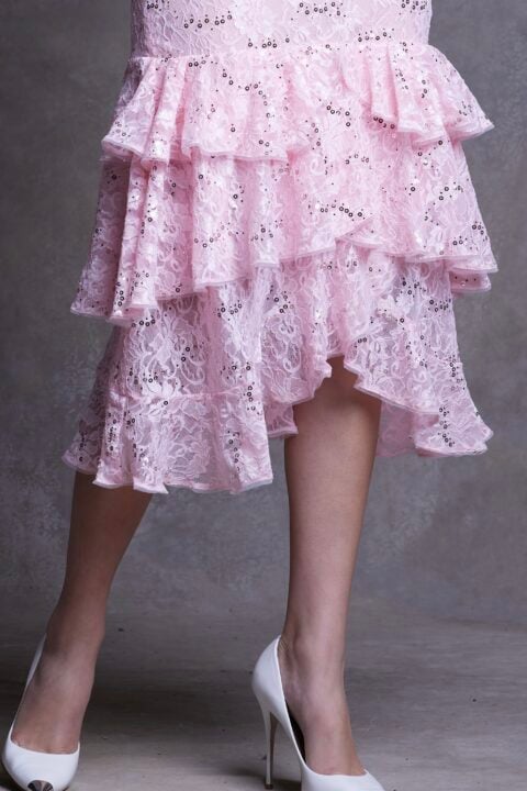 Irfé IRFE Pink Paillettes Cascading Lace Dress