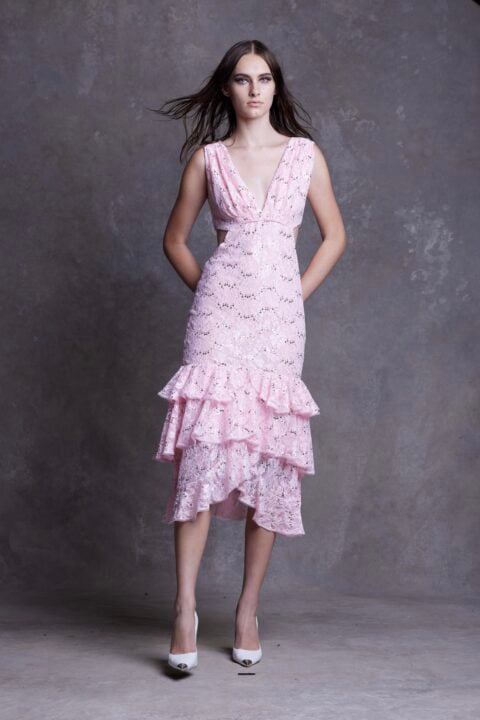 Irfé IRFE Pink Paillettes Cascading Lace Dress