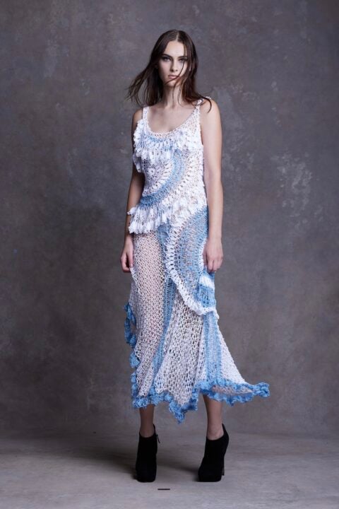 Irfé IRFE Sky Blue White Crochet Handmade Dress