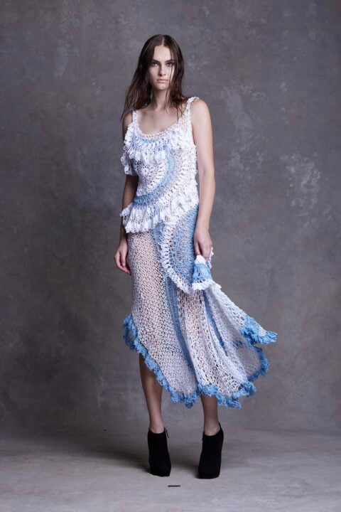 Irfé IRFE Sky Blue White Crochet Handmade Dress