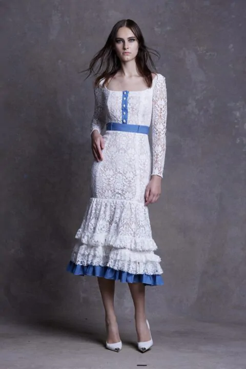 Irfé IRFE White Denim Flounce Lace Dress