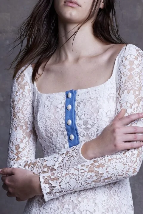 Irfé IRFE White Denim Flounce Lace Dress