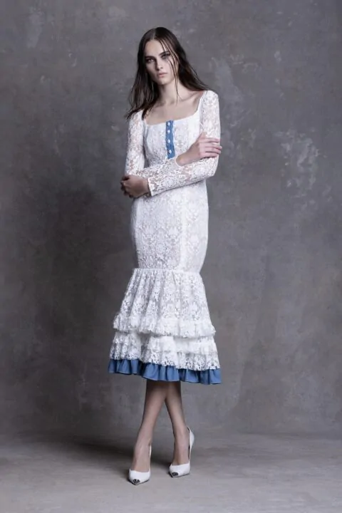 irfé IRFE White Denim Flounce Lace Dress