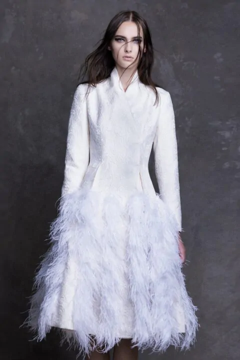 Irfé IRFE White Ostrich Feathers Brocade Coat