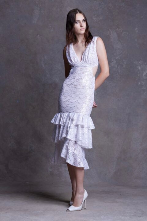 Irfé IRFE White Paillettes Cascading Lace Dress