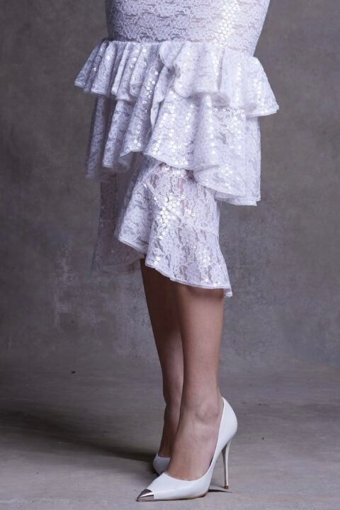 Irfé IRFE White Paillettes Cascading Lace Dress