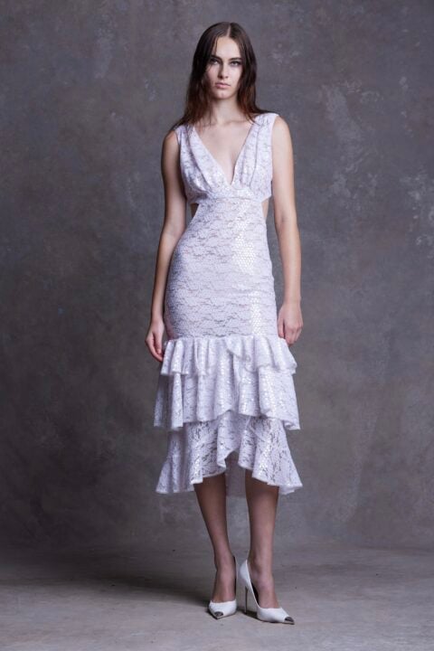 Irfé IRFE White Paillettes Cascading Lace Dress