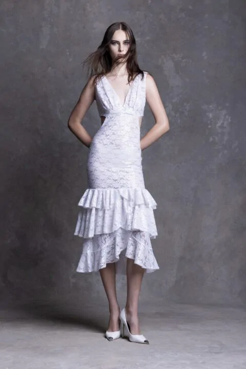 irfé IRFE White Paillettes Cascading Lace Dress