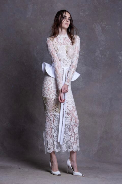 Irfé IRFE White Patchwork Lace Evening Dress