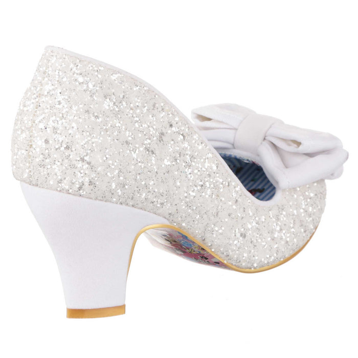 Irregular Choice Ban Joe Bridal | White Glitter Low Heel Bow Trimmed Slip On Wedding Shoes