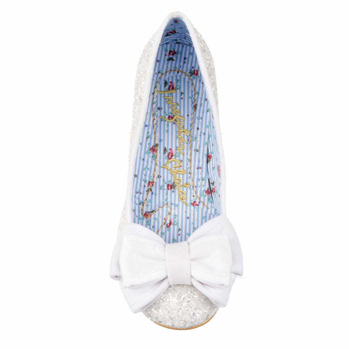 Irregular Choice Ban Joe Bridal | White Glitter Low Heel Bow Trimmed Slip On Wedding Shoes