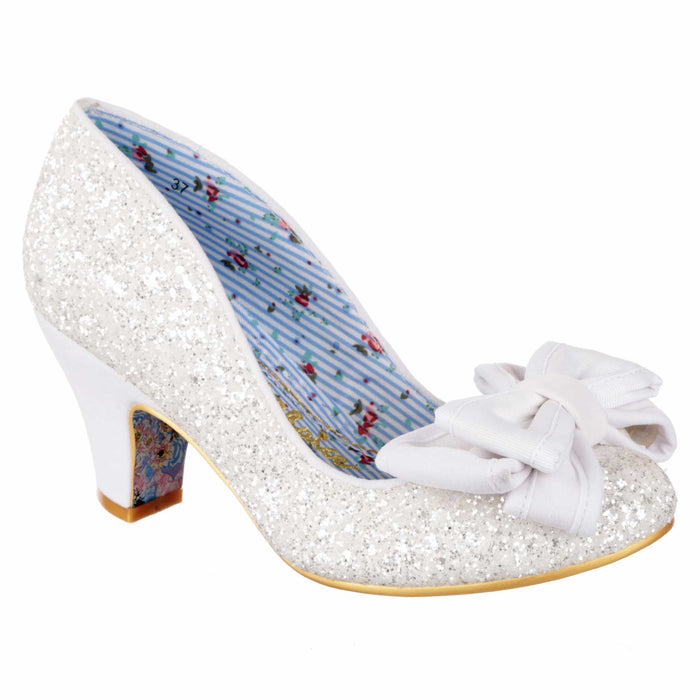 irregular choice Ban Joe Bridal | White Glitter Low Heel Bow Trimmed Slip On Wedding Shoes