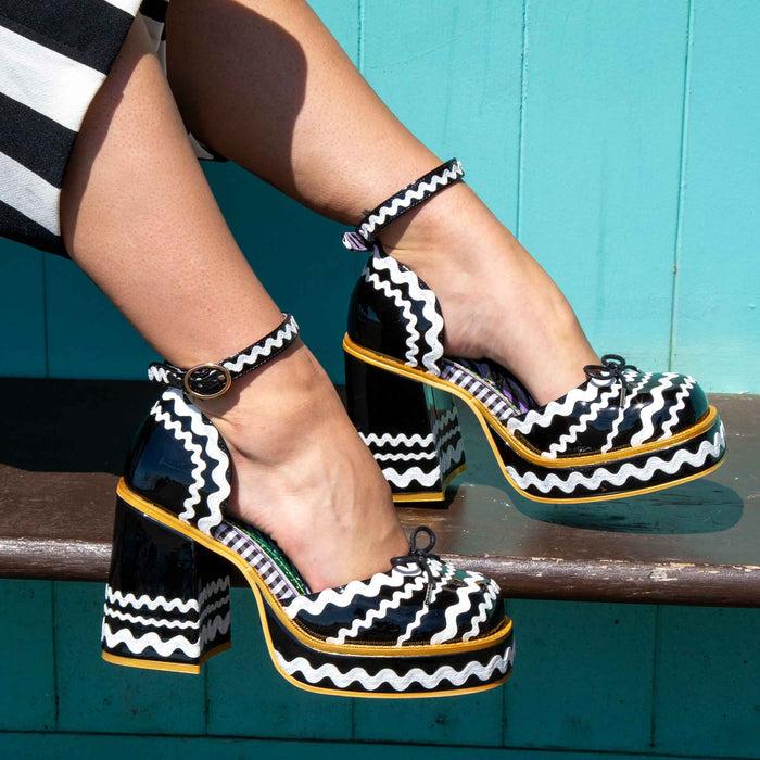 Irregular Choice Black And White 70s Platform Block Heeled Shoes | Sugar Cookie