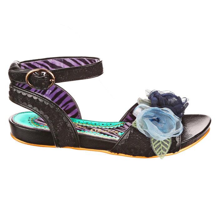 Irregular Choice Black Blossom Lace Flat Strappy Floral Sandals | Strike A Rose
