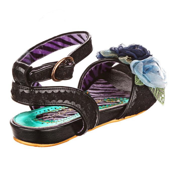 Irregular Choice Black Blossom Lace Flat Strappy Floral Sandals | Strike A Rose