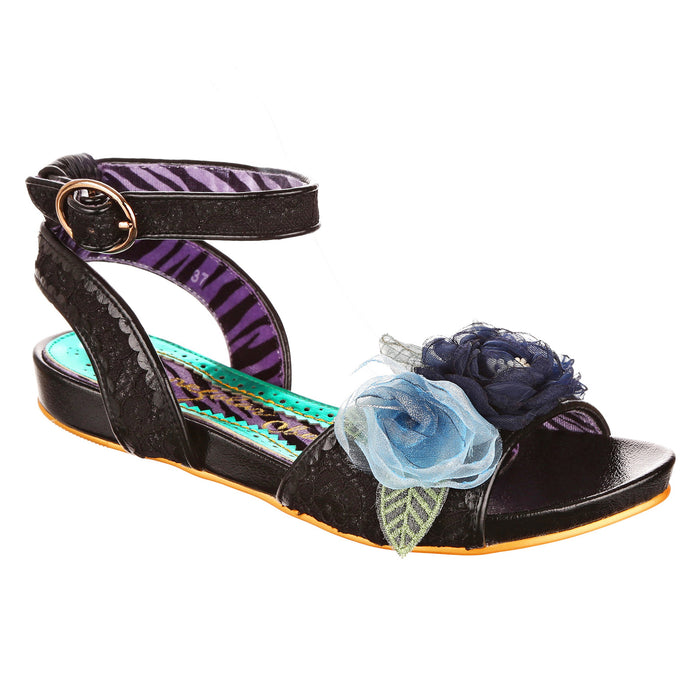 irregular choice Black Blossom Lace Flat Strappy Floral Sandals | Strike A Rose
