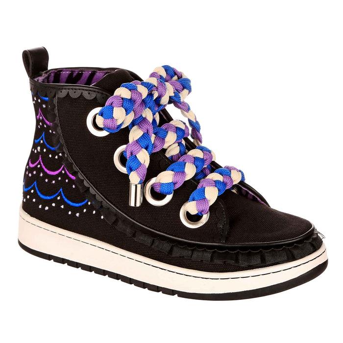 irregular choice Black Chunky Lace High Top Patterned Trainers | Magic Cupcake