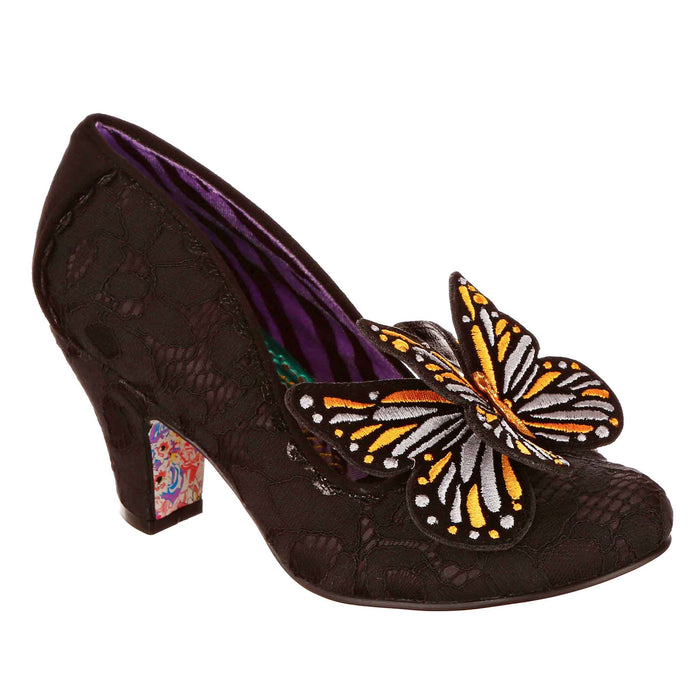 Irregular Choice Black Embroidered Butterfly Toe Slip On Mid Heel Court Shoes | Madam Mariposa