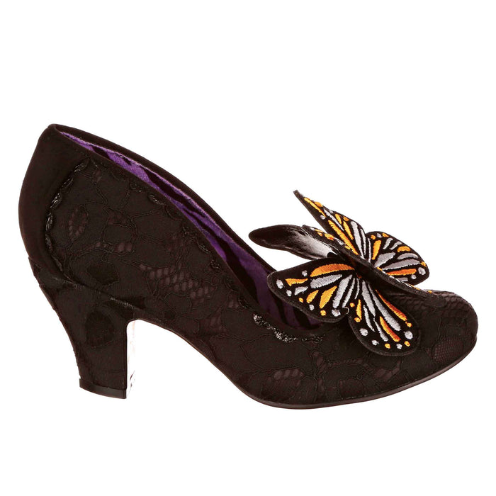 Irregular Choice Black Embroidered Butterfly Toe Slip On Mid Heel Court Shoes | Madam Mariposa