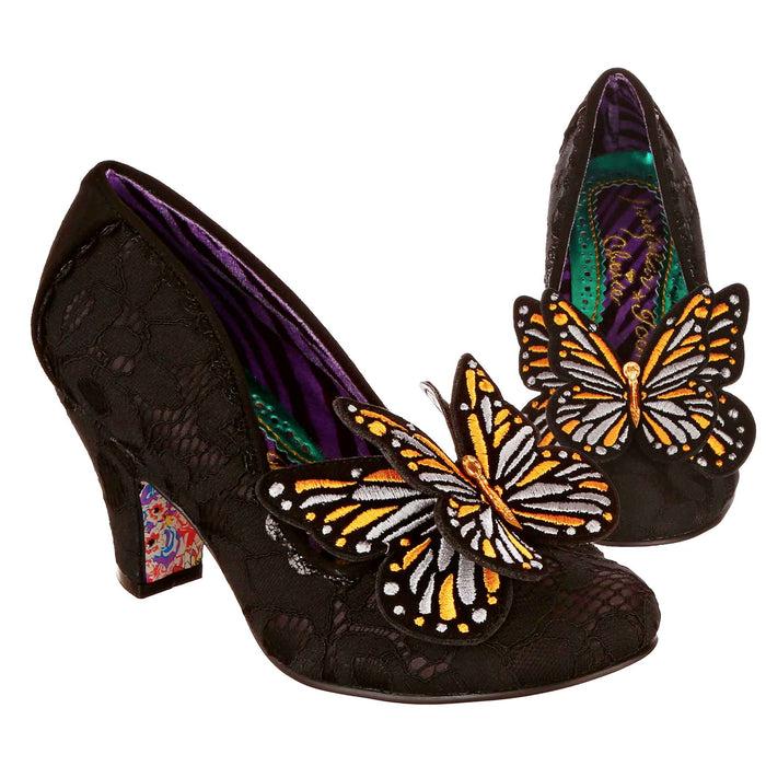 irregular choice Black Embroidered Butterfly Toe Slip On Mid Heel Court Shoes | Madam Mariposa