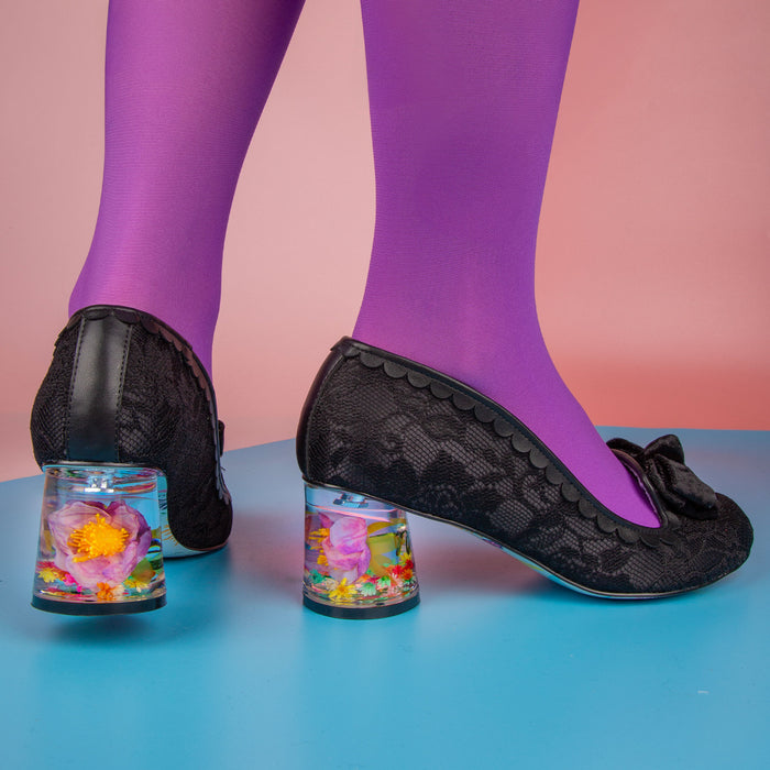 Irregular Choice Black Floral Block Heel Resin Art Heels | Frosted Flower