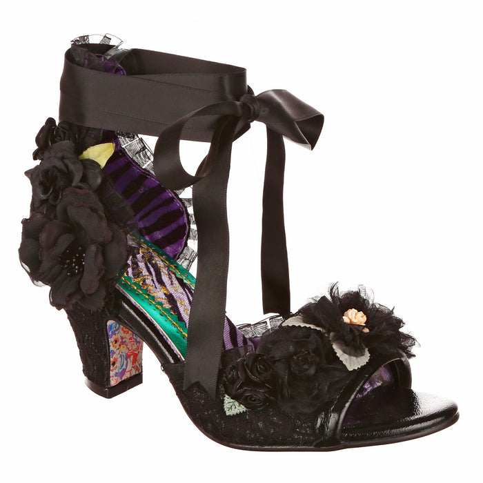 Irregular Choice Black Flower Trimmed Peep Toe Mid Heel Sandals | By Any Other Name