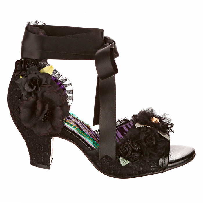 Irregular Choice Black Flower Trimmed Peep Toe Mid Heel Sandals | By Any Other Name