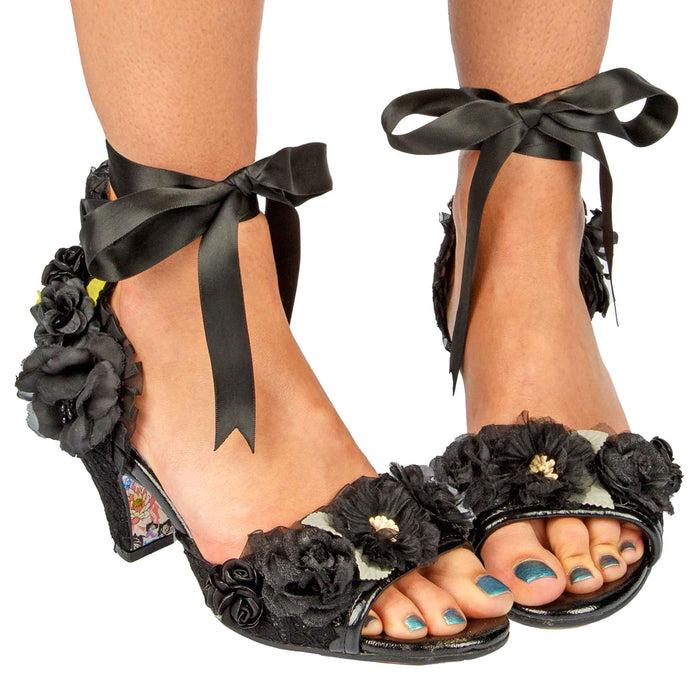 irregular choice Black Flower Trimmed Peep Toe Mid Heel Sandals | By Any Other Name
