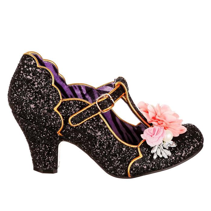 Irregular Choice Black Glitter Floral Corsage T Bar Mary Jane Low Heels | Carriage Ride