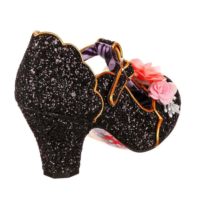 Irregular Choice Black Glitter Floral Corsage T Bar Mary Jane Low Heels | Carriage Ride