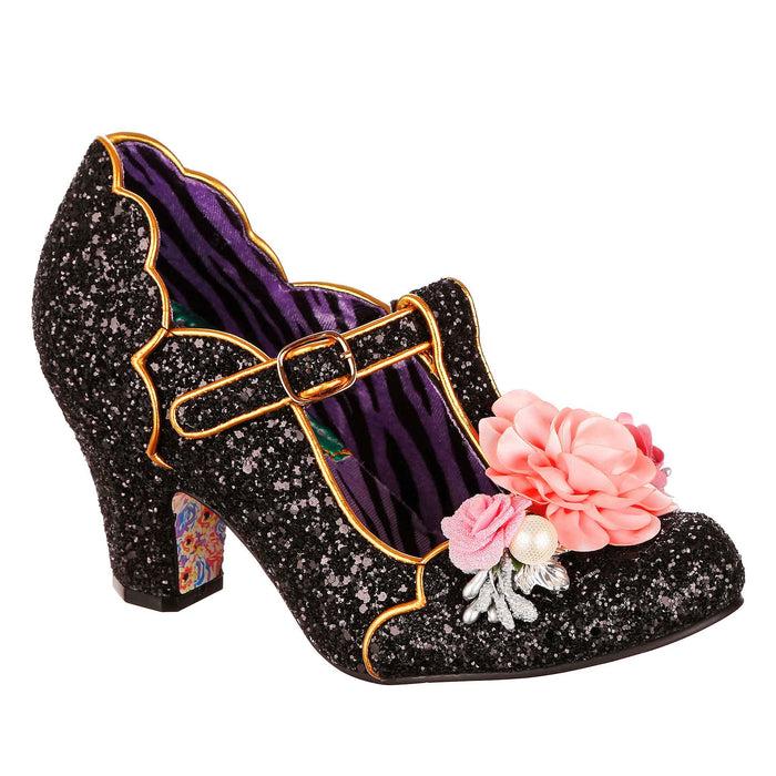 irregular choice Black Glitter Floral Corsage T Bar Mary Jane Low Heels | Carriage Ride